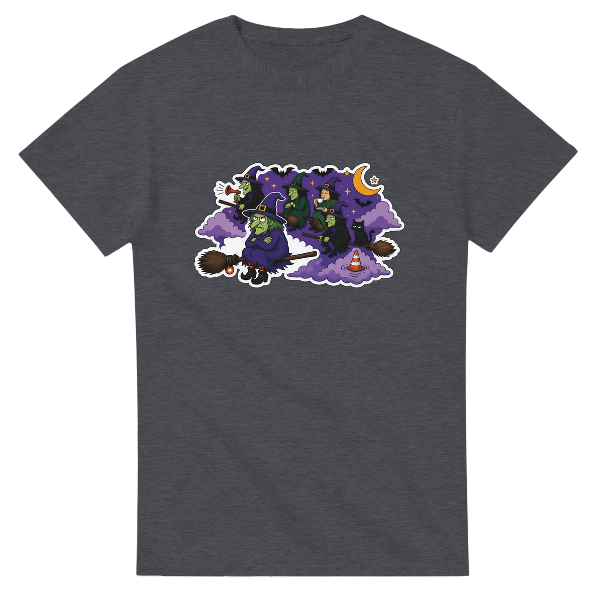 Funny Halloween t-shirt with witches stuck in a broomstick traffic jam, 'Witches' Rush Hour' (view 1 of 3)