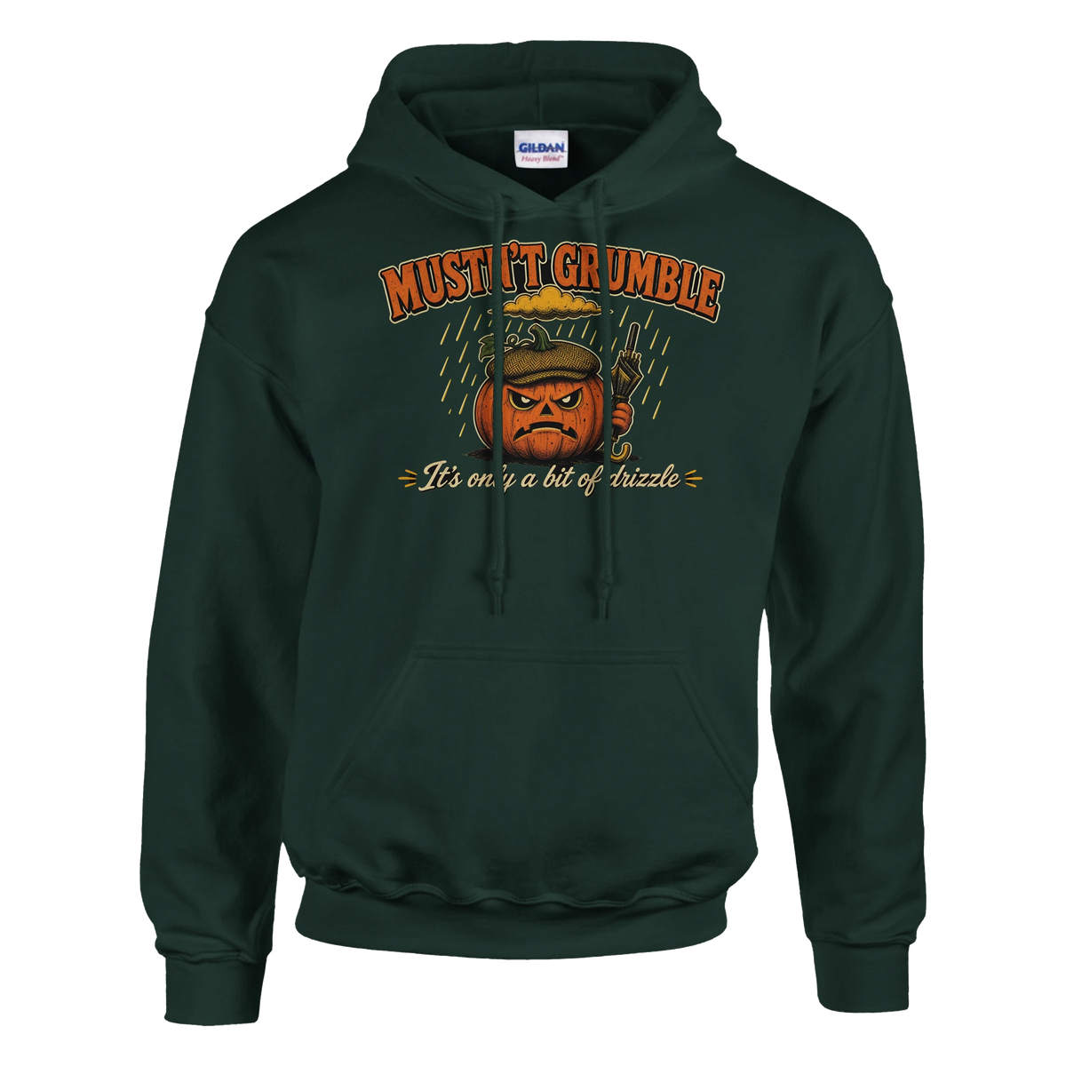 Funny Halloween hoodie with grumpy pumpkin in a flat cap with a brolly, 'Mustn't Grumble' (view 4 of 5)