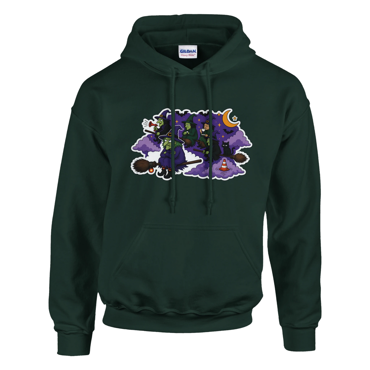 Funny Halloween hoodie with witches stuck in a broomstick traffic jam, 'Witches' Rush Hour' (view 3 of 5)