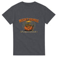 Funny Halloween t-shirt with grumpy pumpkin in a flat cap with a brolly, 'Mustn't Grumble' (view 1 of 3)