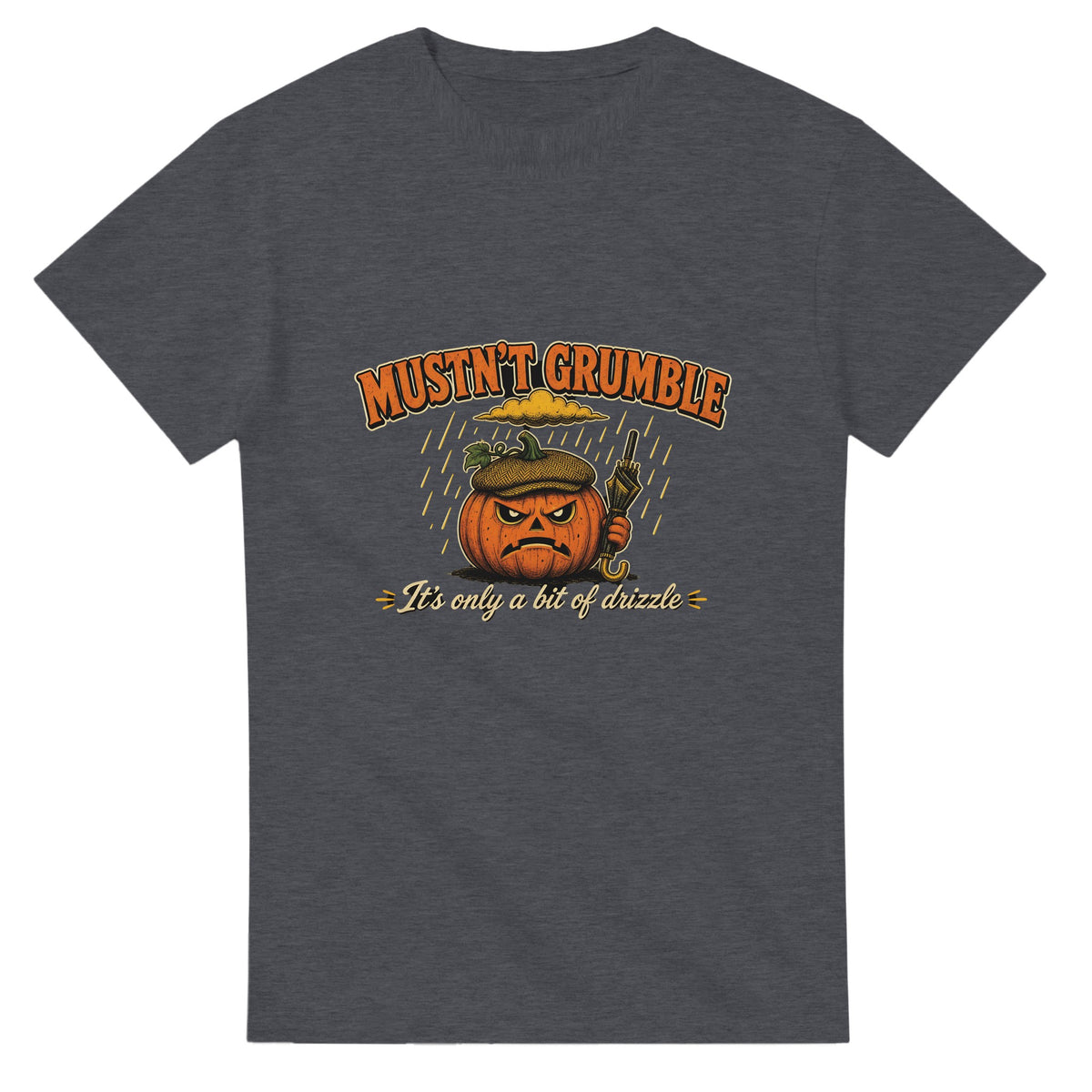 Funny Halloween t-shirt with grumpy pumpkin in a flat cap with a brolly, 'Mustn't Grumble' (view 1 of 3)