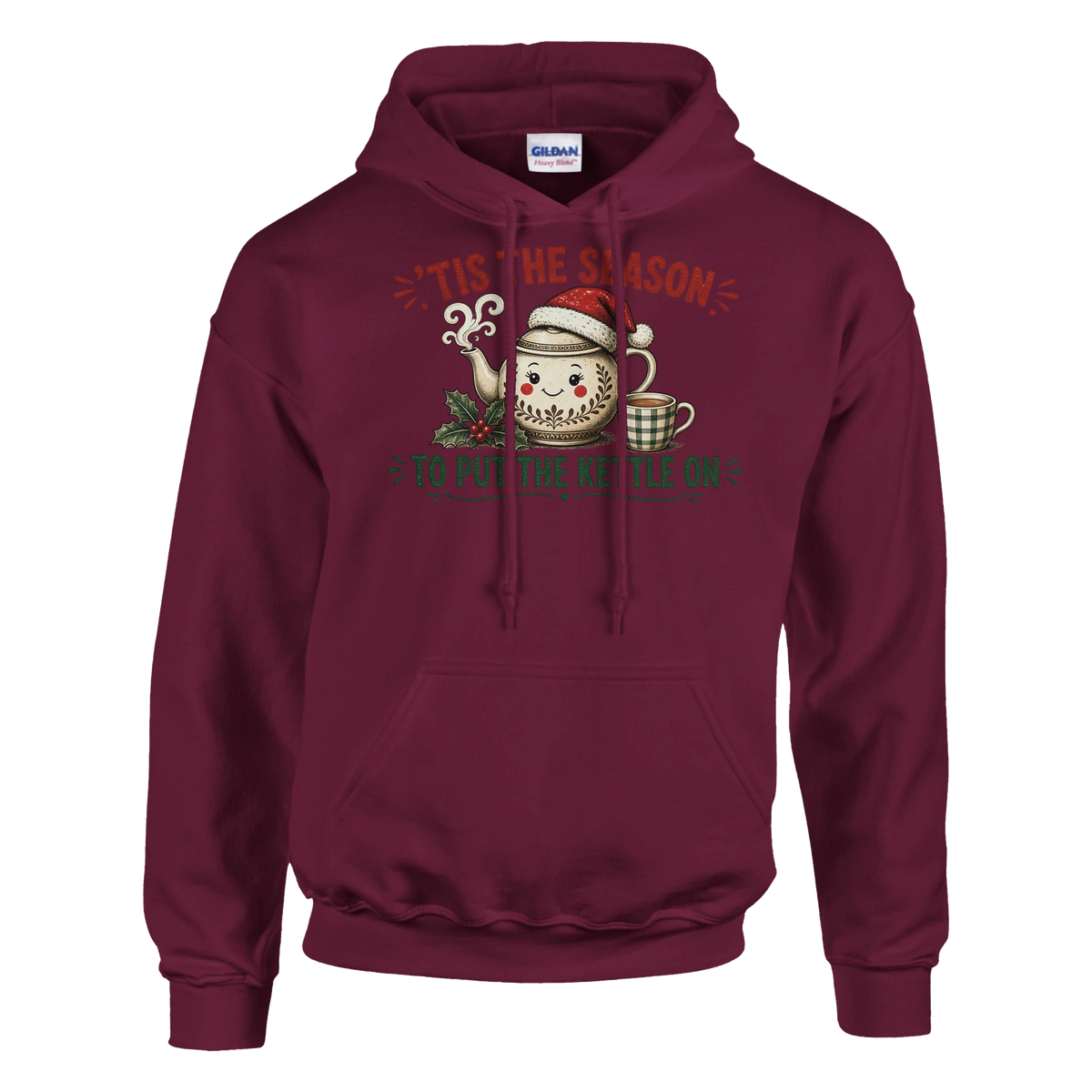Funny Christmas hoodie with teapot in a Santa hat with a cuppa and holly, 'Tis the Season to Put the Kettle On' (view 2 of 5)
