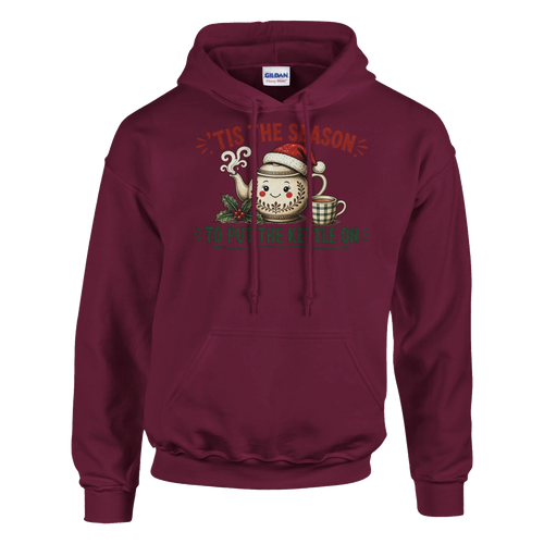 Funny Christmas hoodie with teapot in a Santa hat with a cuppa and holly, 'Tis the Season to Put the Kettle On' (view 2 of 5)