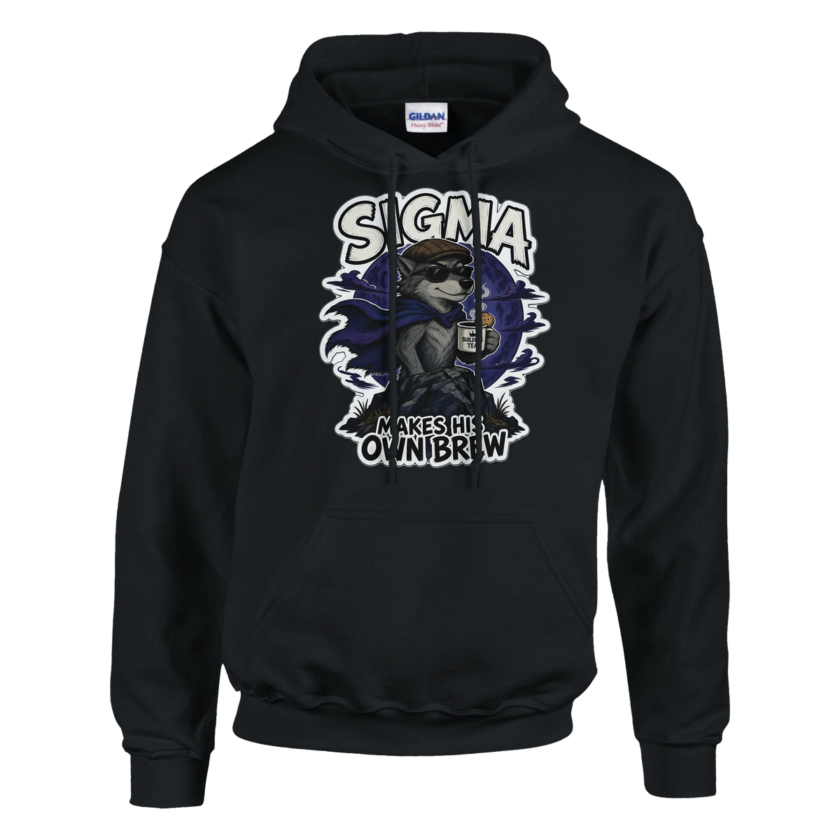 Funny British hoodie with lone wolf in a flat cap with a cup of tea, 'Sigma: Makes His Own Brew' (view 2 of 5)