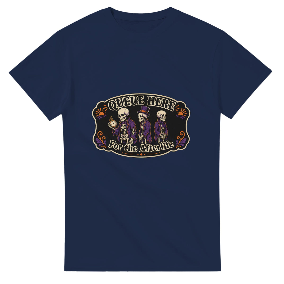Funny Halloween t-shirt with skeletons queuing politely, 'Queue Here for the Afterlife' (view 2 of 3)