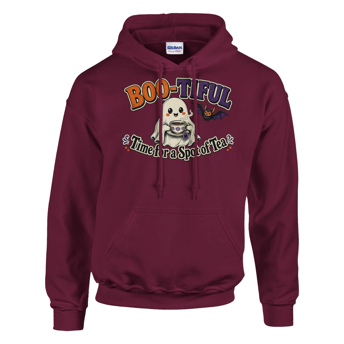 Funny Halloween hoodie with cheerful ghost with a cup of tea, 'Boo-tiful Time for a Spot of Tea' (view 5 of 5)