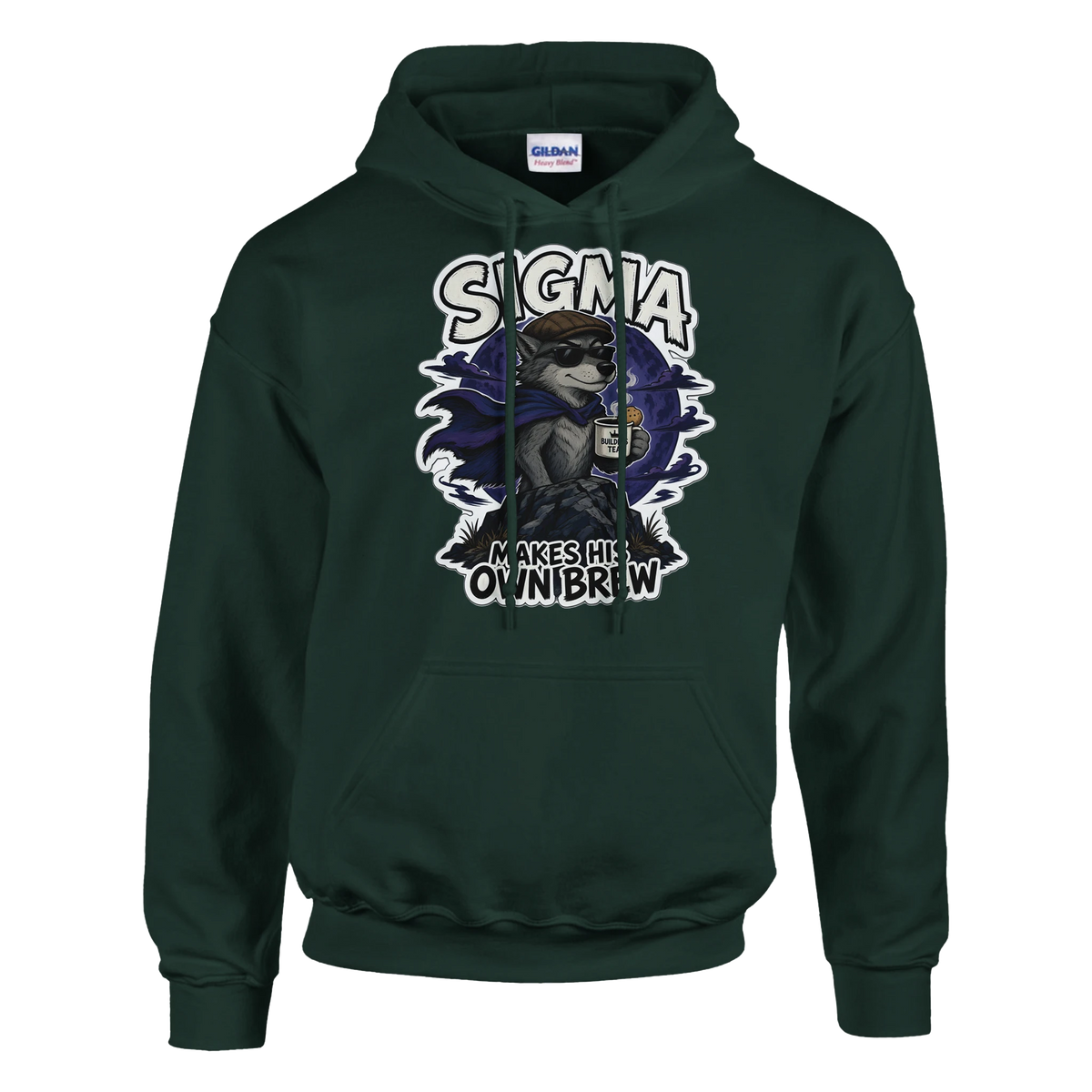 Funny British hoodie with lone wolf in a flat cap with a cup of tea, 'Sigma: Makes His Own Brew' (view 3 of 5)