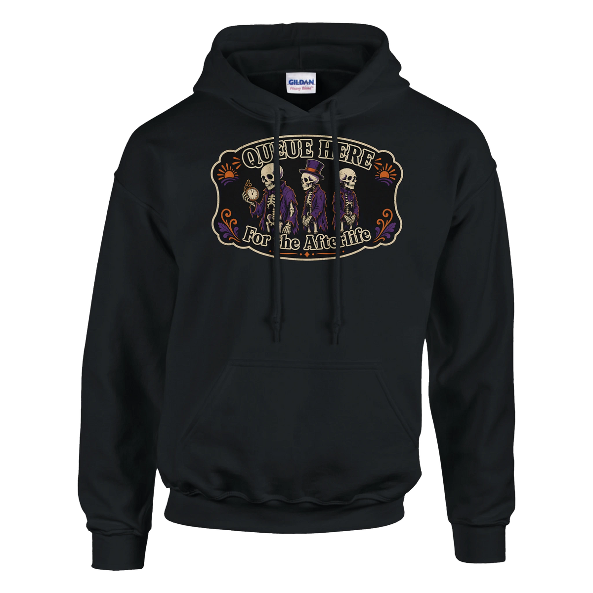 Funny Halloween hoodie with skeletons queuing politely, 'Queue Here for the Afterlife' (view 5 of 5)