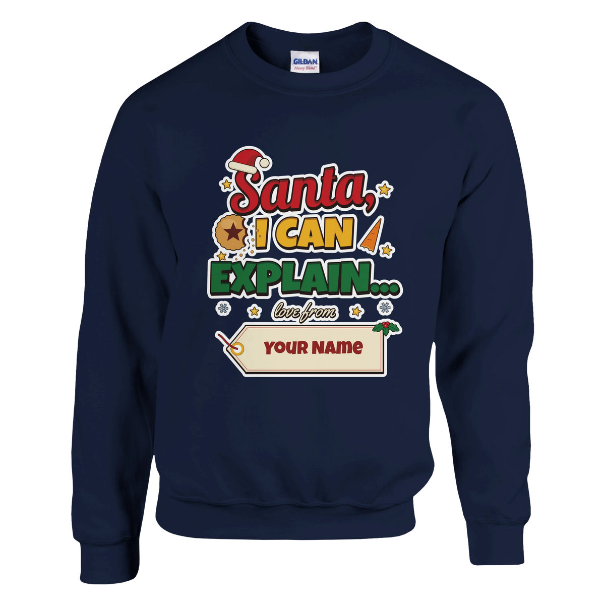 Personalised Santa I Can Explain Christmas Jumper with 'Santa, I Can Explain' mince pie thief design with a personalised name tag (view 2 of 2)