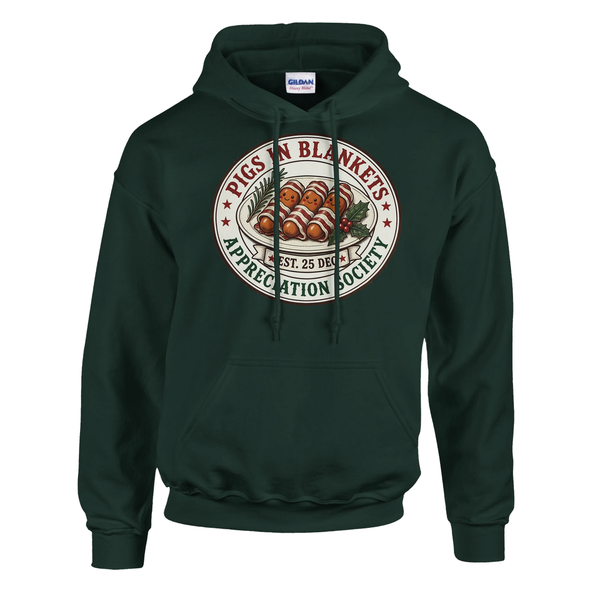 Funny Christmas hoodie with vintage-style 'Pigs in Blankets Appreciation Society' badge (view 5 of 5)