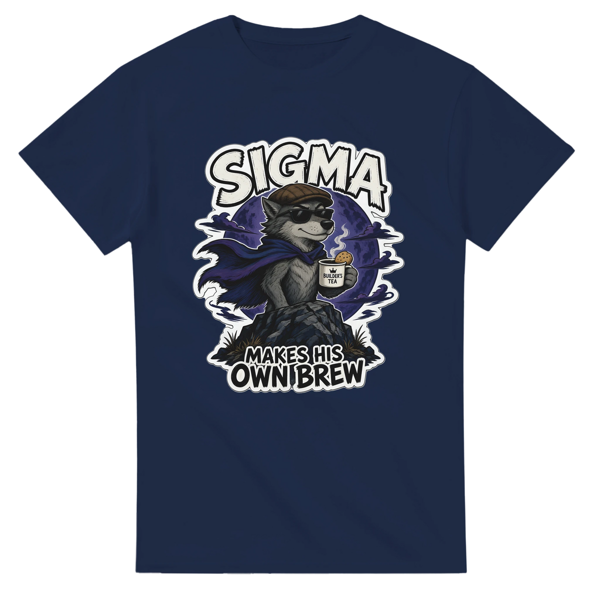 Funny British t-shirt with lone wolf in a flat cap with a cup of tea, 'Sigma: Makes His Own Brew' (view 3 of 3)