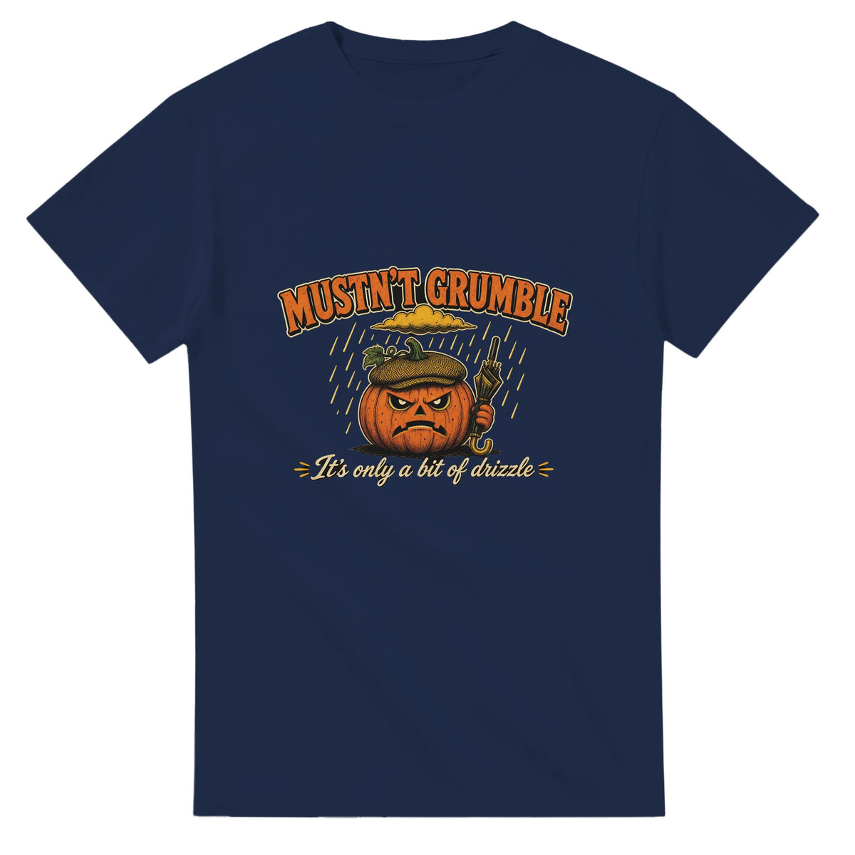Funny Halloween t-shirt with grumpy pumpkin in a flat cap with a brolly, 'Mustn't Grumble' (view 3 of 3)