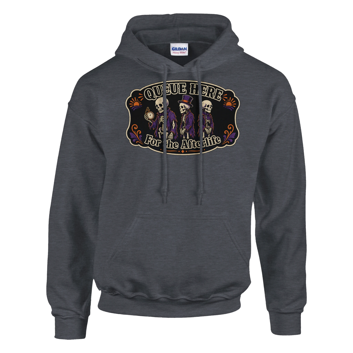 Funny Halloween hoodie with skeletons queuing politely, 'Queue Here for the Afterlife' (view 1 of 5)