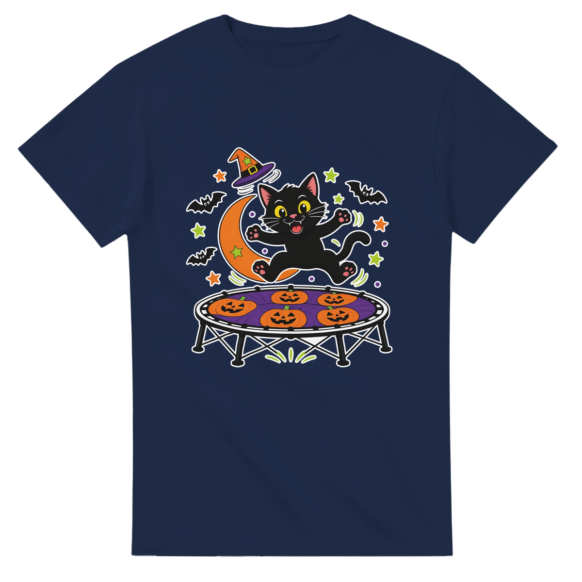 Funny Halloween t-shirt with black cat bouncing on a trampoline (view 2 of 3)