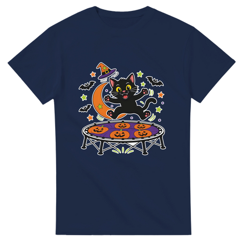 Funny Halloween t-shirt with black cat bouncing on a trampoline (view 2 of 3)