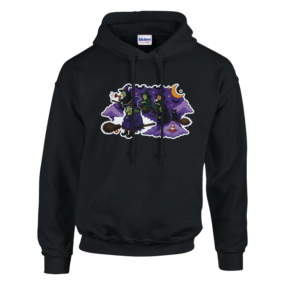 Funny Halloween hoodie with witches stuck in a broomstick traffic jam, 'Witches' Rush Hour' (view 2 of 5)