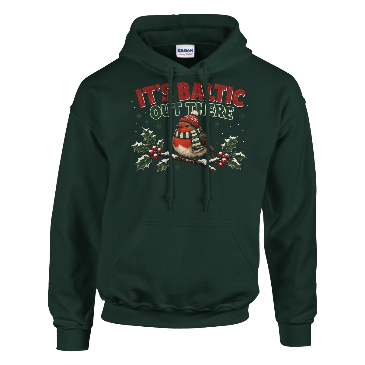 Funny Christmas hoodie with chubby robin in a woolly hat and scarf, 'It's Baltic Out There' (view 3 of 5)