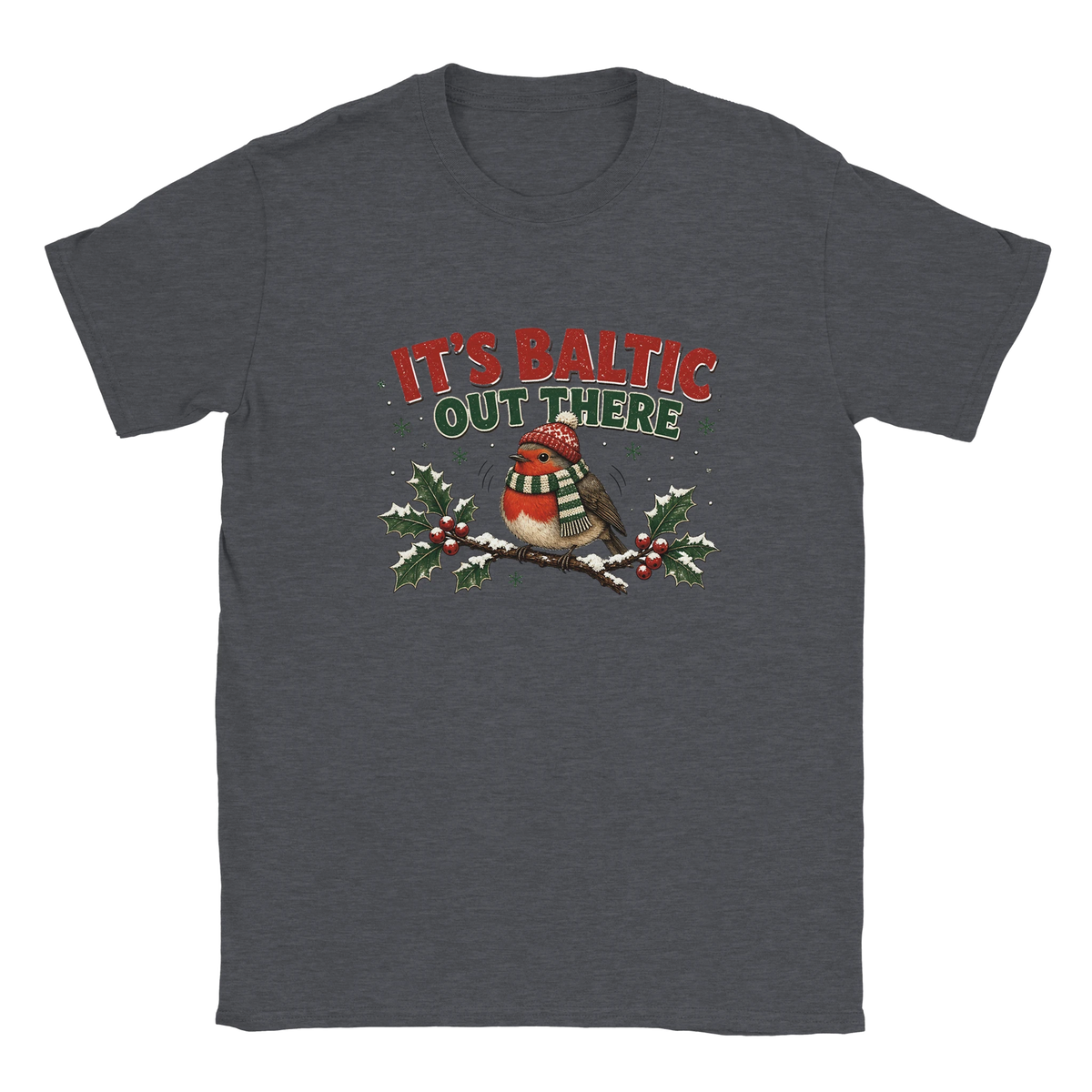 Funny Christmas t-shirt with chubby robin in a woolly hat and scarf, 'It's Baltic Out There' (view 3 of 5)