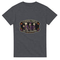 Funny Halloween t-shirt with skeletons queuing politely, 'Queue Here for the Afterlife' (view 1 of 3)