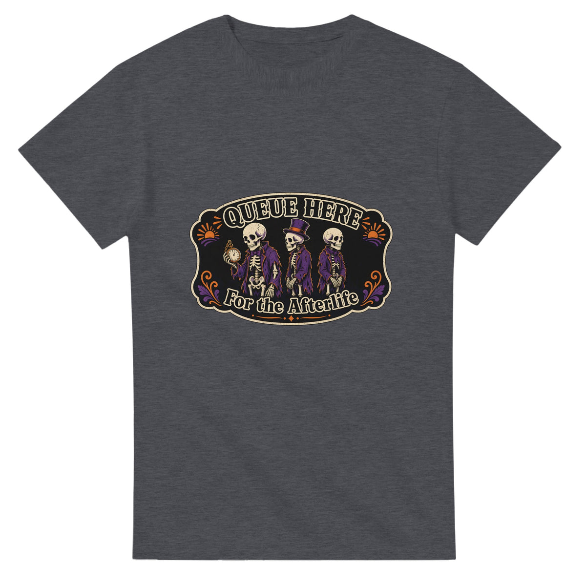 Funny Halloween t-shirt with skeletons queuing politely, 'Queue Here for the Afterlife' (view 1 of 3)