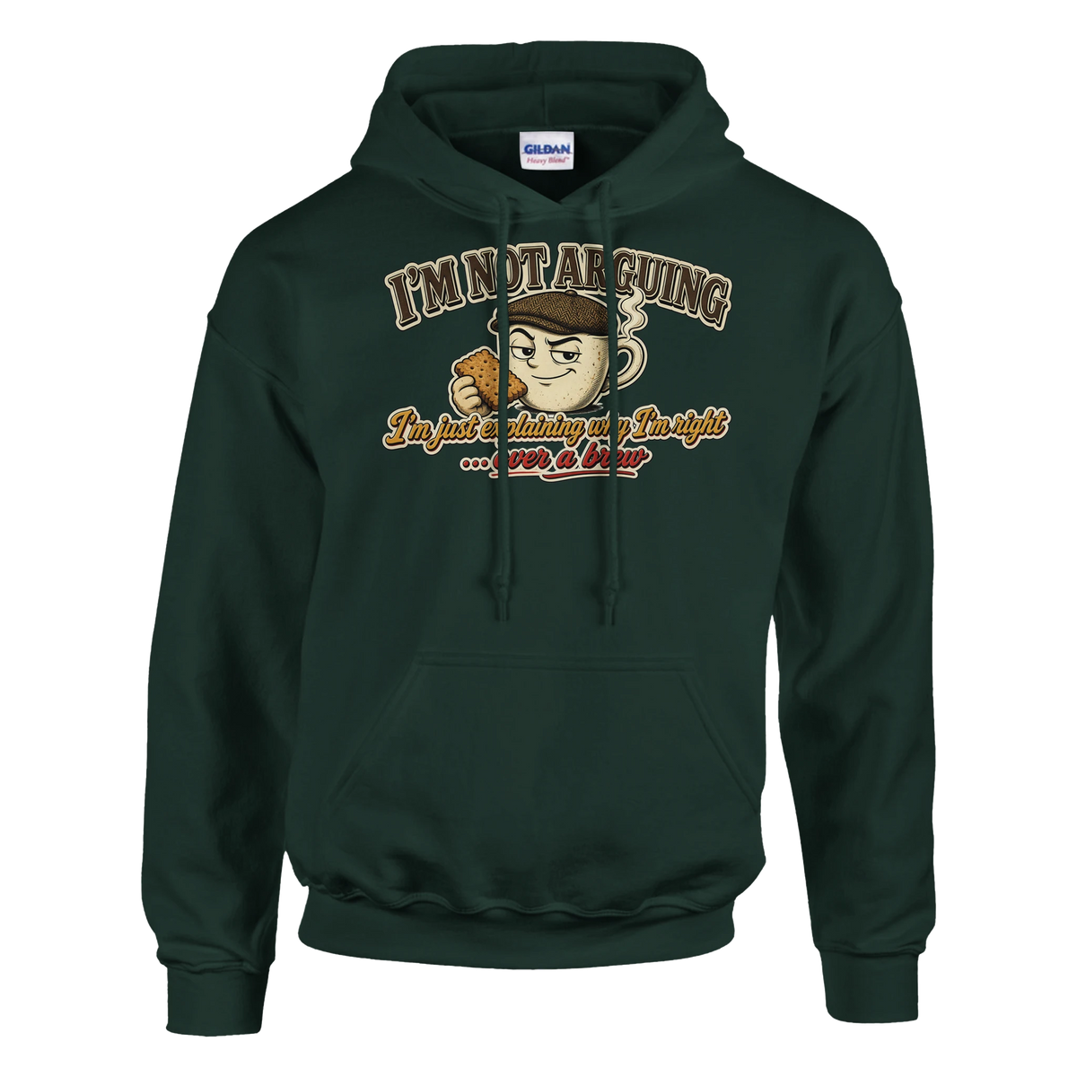 Funny British hoodie with smug mug of builder's tea in a flat cap, 'I'm Not Arguing, I'm Just Explaining Why I'm Right' (view 5 of 5)