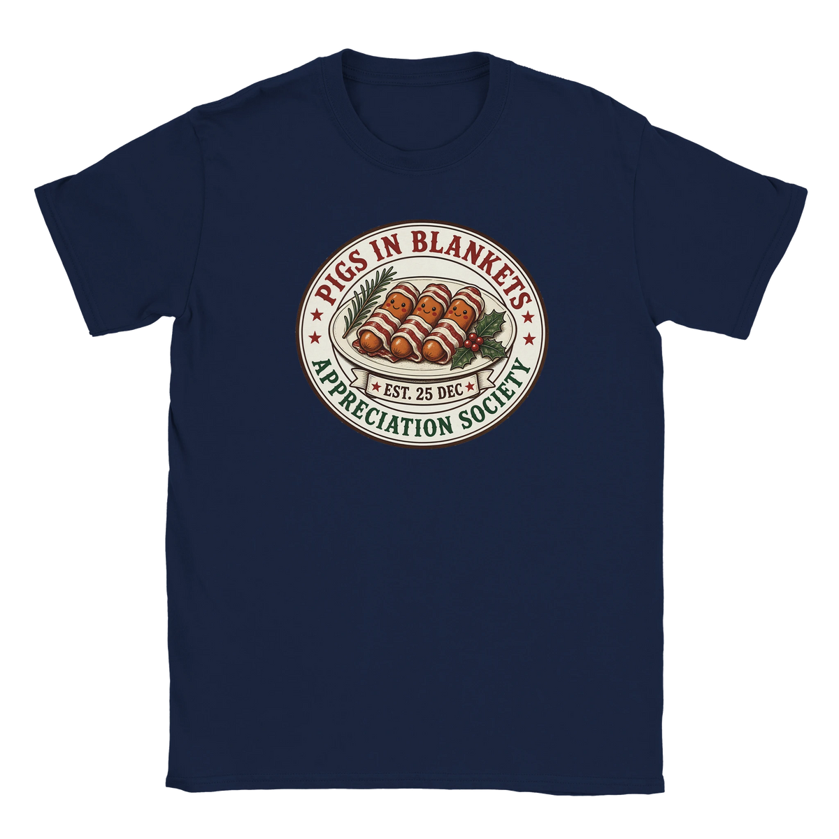 Funny Christmas t-shirt with vintage-style 'Pigs in Blankets Appreciation Society' badge (view 2 of 5)
