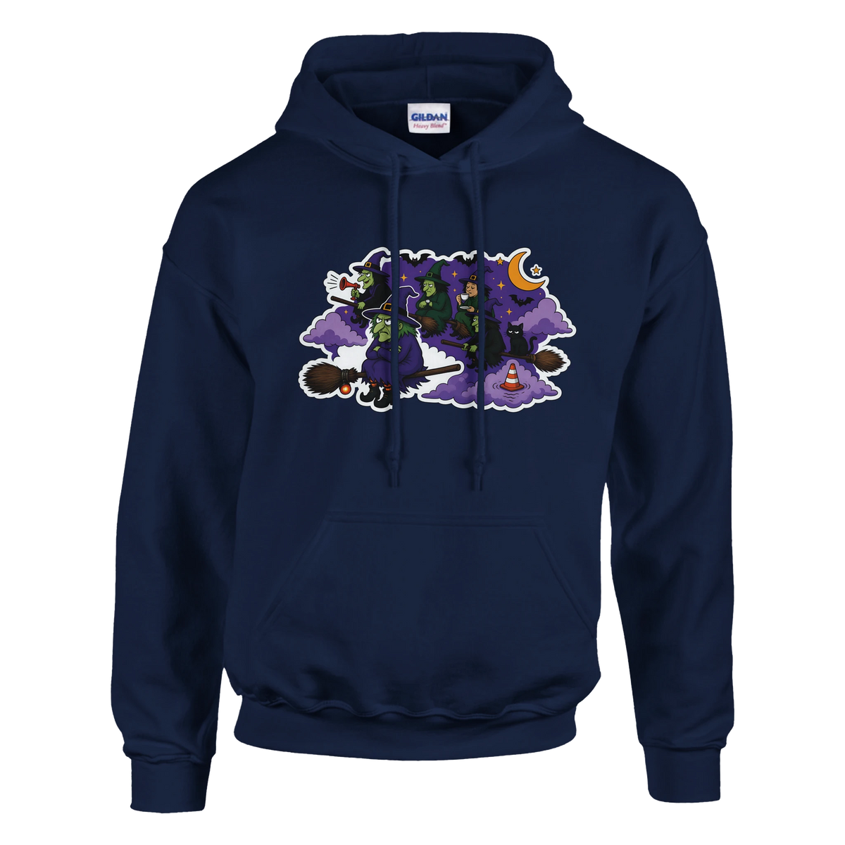 Funny Halloween hoodie with witches stuck in a broomstick traffic jam, 'Witches' Rush Hour' (view 5 of 5)