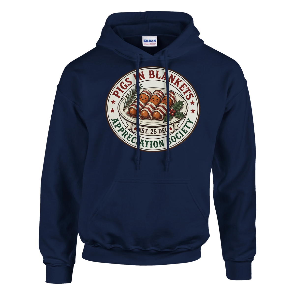 Funny Christmas hoodie with vintage-style 'Pigs in Blankets Appreciation Society' badge (view 4 of 5)