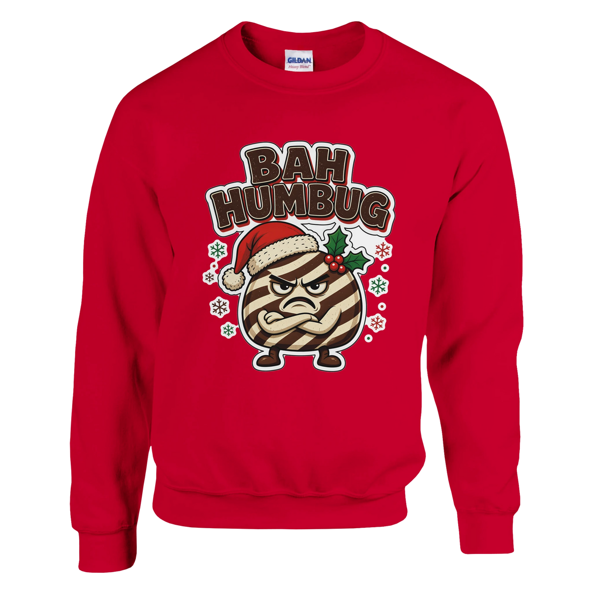 Funny Christmas jumper with grumpy humbug sweet in a Santa hat, 'Bah Humbug' (view 1 of 2)