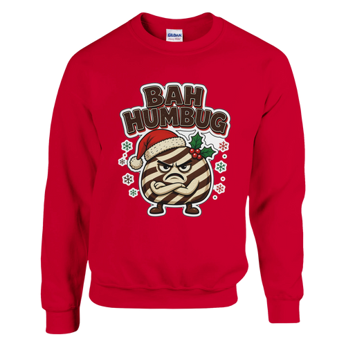 Funny Christmas jumper with grumpy humbug sweet in a Santa hat, 'Bah Humbug' (view 1 of 2)