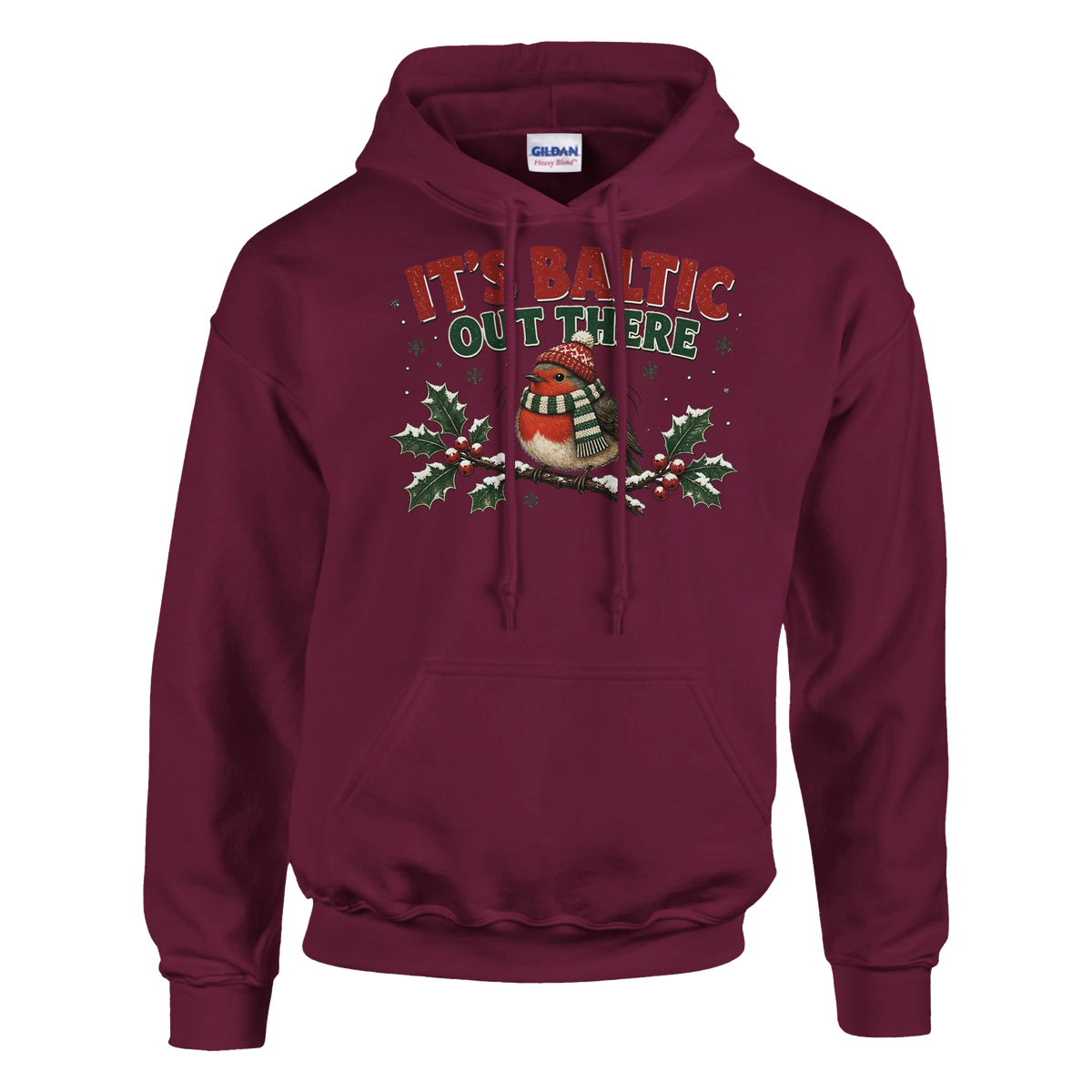 Funny Christmas hoodie with chubby robin in a woolly hat and scarf, 'It's Baltic Out There' (view 4 of 5)
