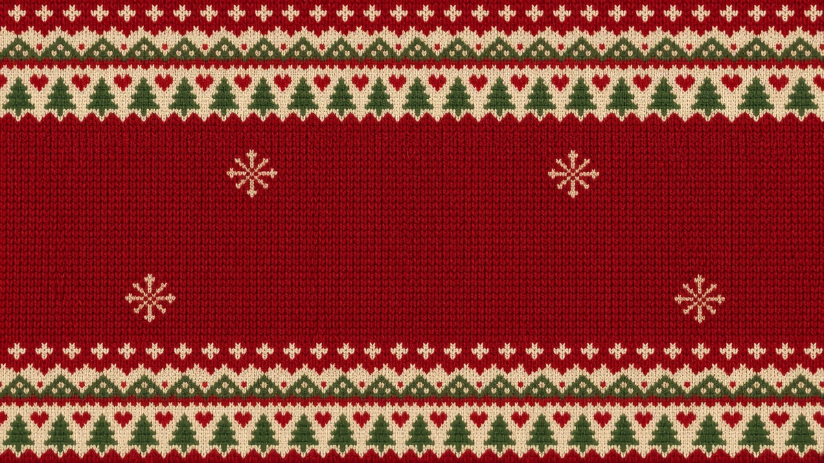 Red Christmas jumper knit banner with fair isle trees and hearts