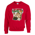 Funny Christmas jumper with unimpressed character in a paper crown with a cup of tea, 'Not Another Cracker Joke'