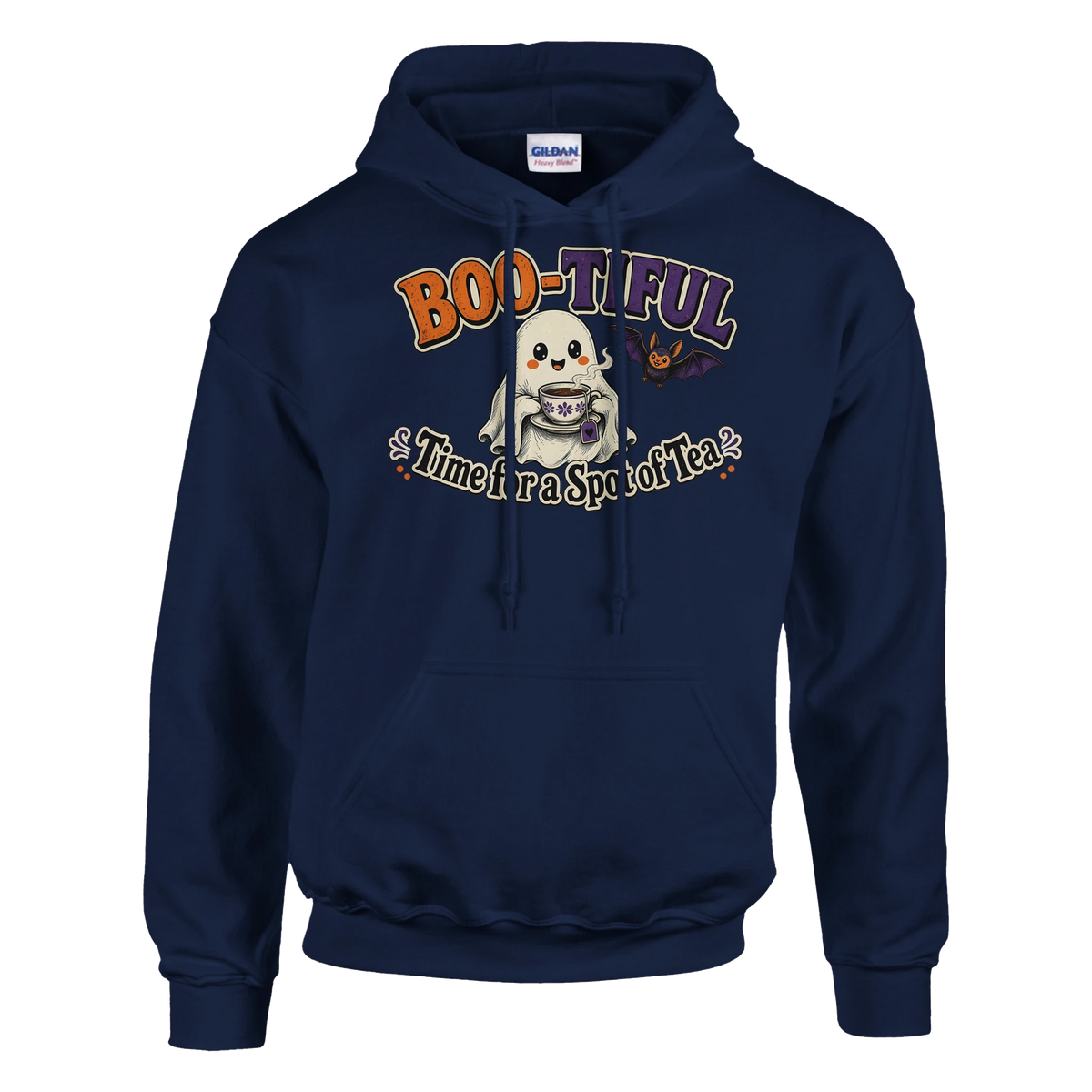 Funny Halloween hoodie with cheerful ghost with a cup of tea, 'Boo-tiful Time for a Spot of Tea' (view 2 of 5)
