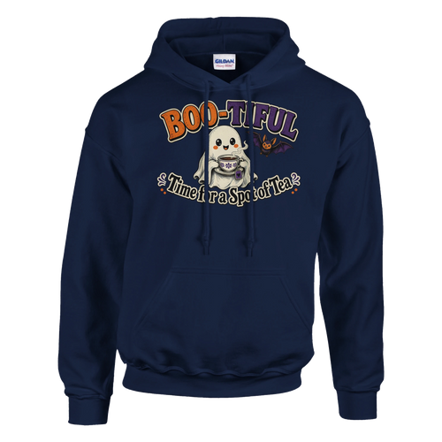 Funny Halloween hoodie with cheerful ghost with a cup of tea, 'Boo-tiful Time for a Spot of Tea' (view 2 of 5)