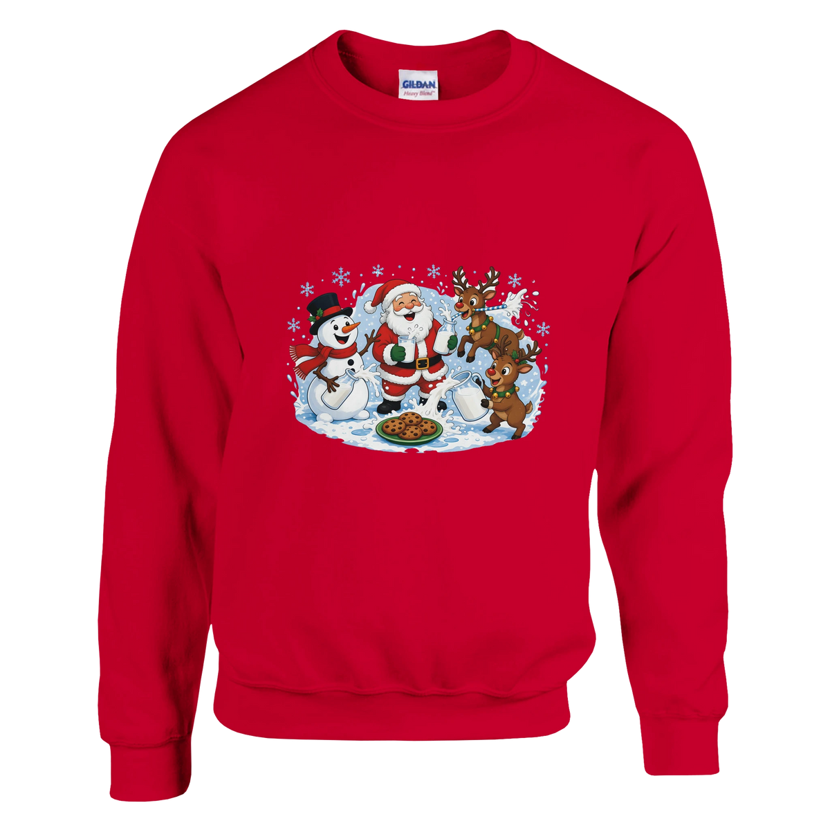 Funny Christmas jumper with Santa, reindeer and a snowman in a milk fight (view 1 of 2)