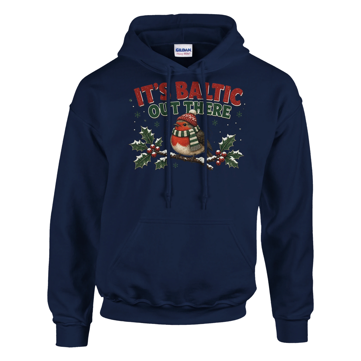 Funny Christmas hoodie with chubby robin in a woolly hat and scarf, 'It's Baltic Out There' (view 5 of 5)