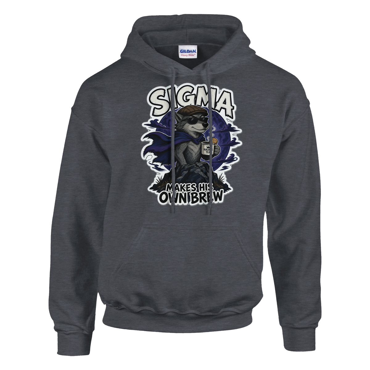 Funny British hoodie with lone wolf in a flat cap with a cup of tea, 'Sigma: Makes His Own Brew' (view 1 of 5)