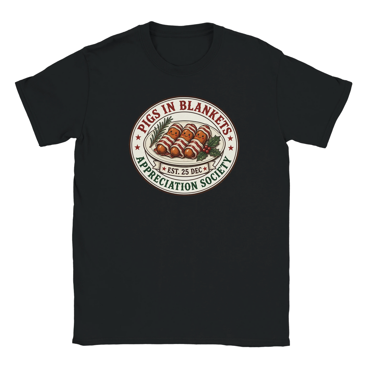 Funny Christmas t-shirt with vintage-style 'Pigs in Blankets Appreciation Society' badge (view 3 of 5)