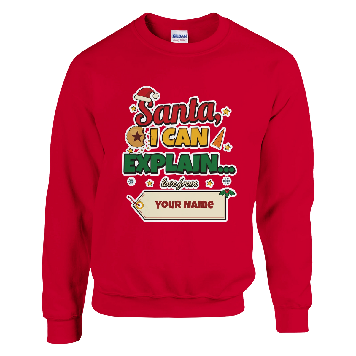 Personalised Santa I Can Explain Christmas Jumper with 'Santa, I Can Explain' mince pie thief design with a personalised name tag (view 1 of 2)
