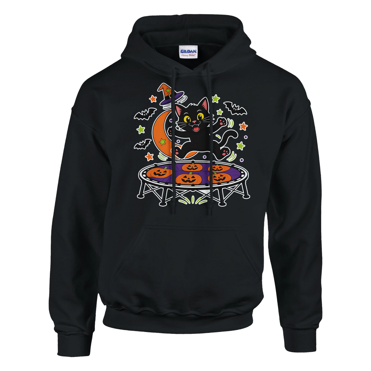Funny Halloween hoodie with black cat bouncing on a trampoline (view 2 of 5)
