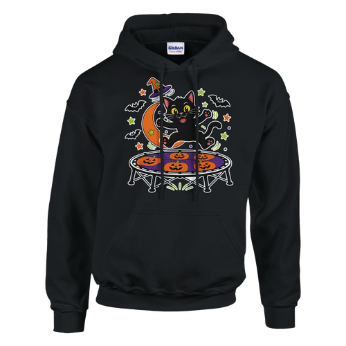 Funny Halloween hoodie with black cat bouncing on a trampoline (view 2 of 5)