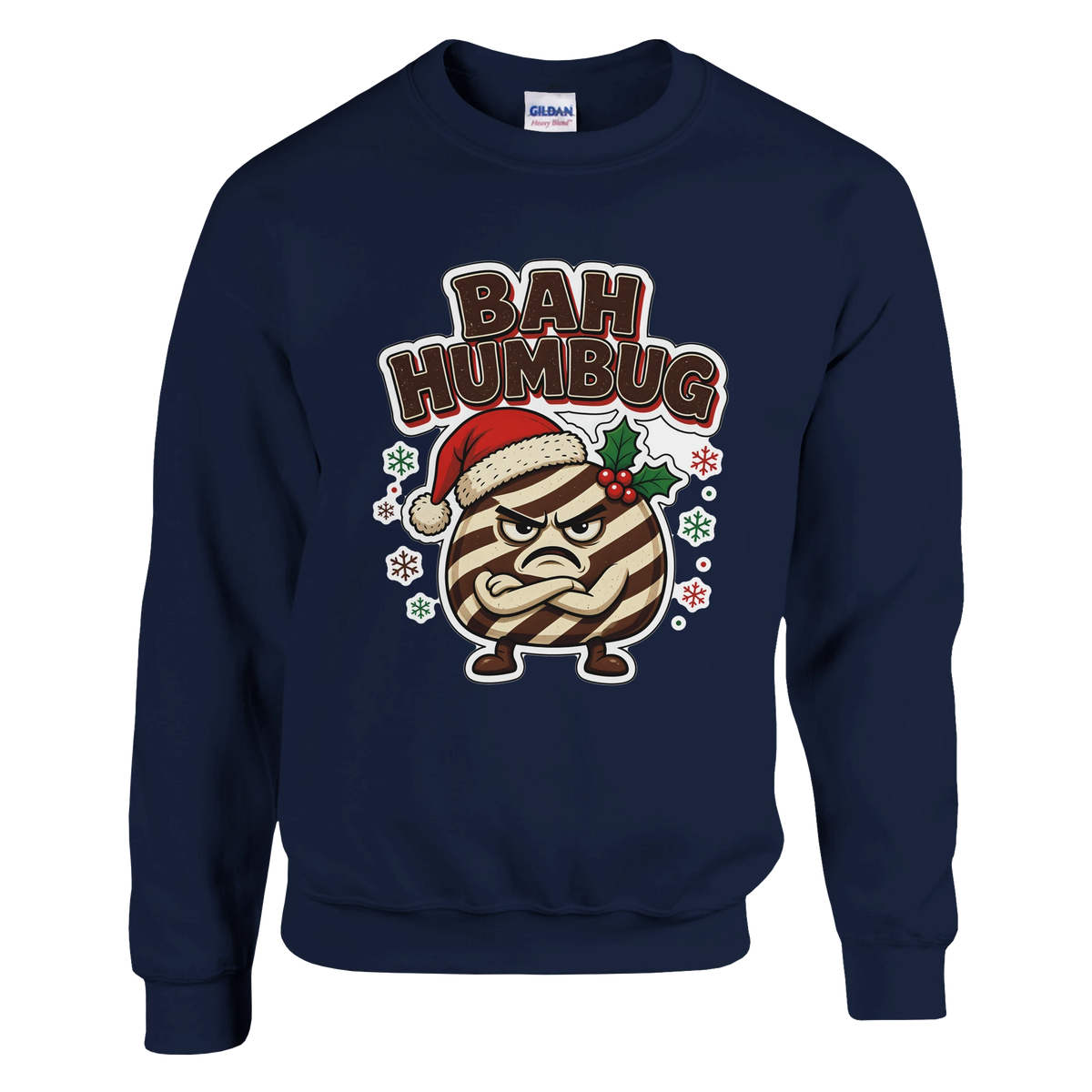 Funny Christmas jumper with grumpy humbug sweet in a Santa hat, 'Bah Humbug' (view 2 of 2)