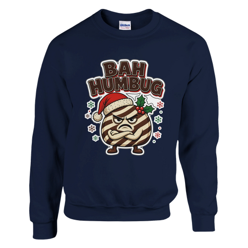 Funny Christmas jumper with grumpy humbug sweet in a Santa hat, 'Bah Humbug' (view 2 of 2)