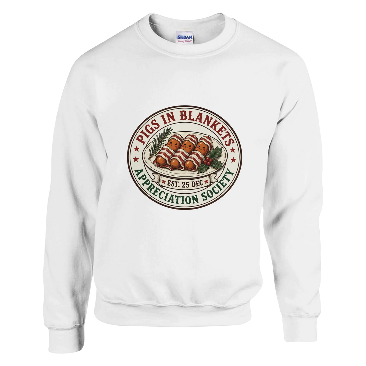 Funny Christmas jumper with vintage-style 'Pigs in Blankets Appreciation Society' badge (view 1 of 3)