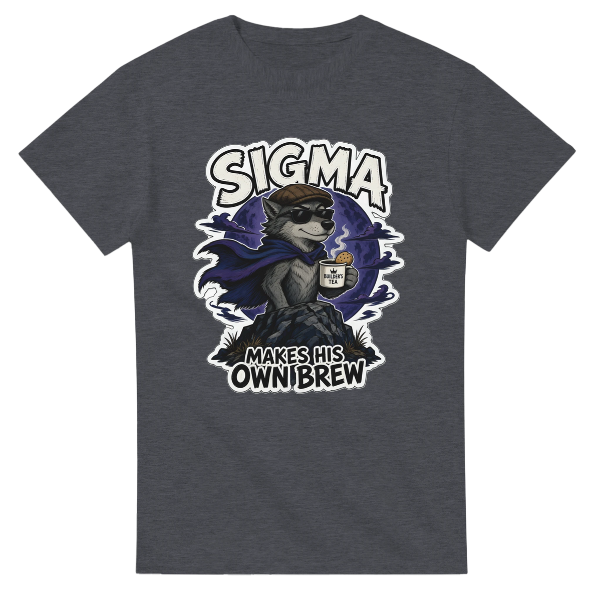 Funny British t-shirt with lone wolf in a flat cap with a cup of tea, 'Sigma: Makes His Own Brew' (view 1 of 3)