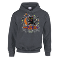 Funny Halloween hoodie with black cat bouncing on a trampoline (view 1 of 5)