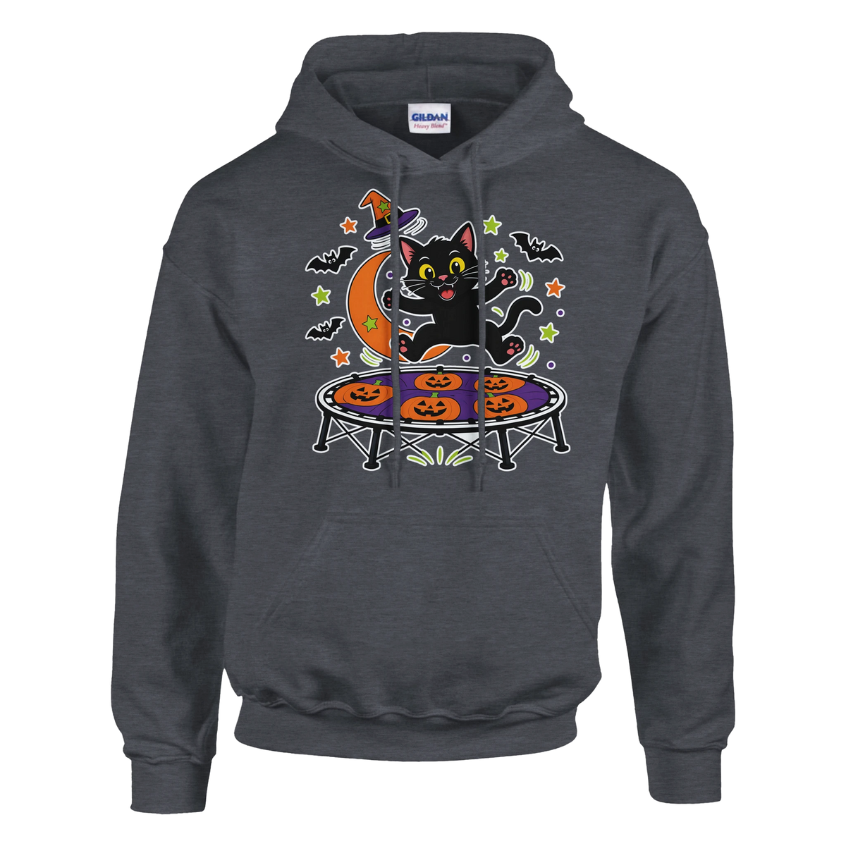 Funny Halloween hoodie with black cat bouncing on a trampoline (view 1 of 5)