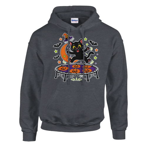 Funny Halloween hoodie with black cat bouncing on a trampoline (view 1 of 5)