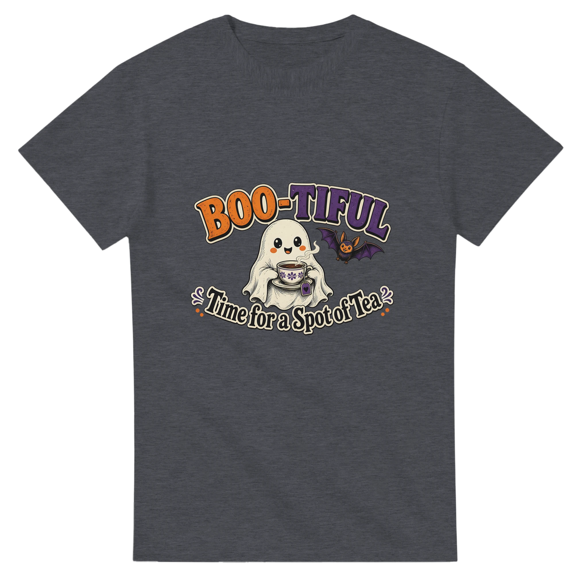 Funny Halloween t-shirt with cheerful ghost with a cup of tea, 'Boo-tiful Time for a Spot of Tea' (view 1 of 3)